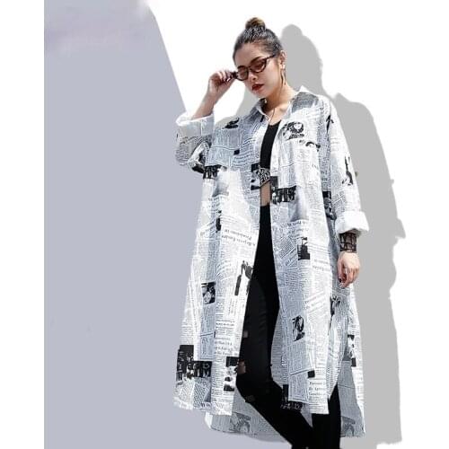 2021new Spring Autumn Lapel Long Sleeve White Printed Loose Irregular Big Size Long Shirt Women Blouse Fashion Tide JF008
