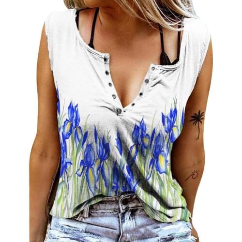 Women Blouse Cartoon Print Loose Summer Sleeveless V Neck T-shirt for Office