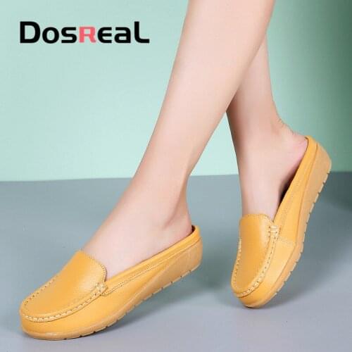 Dosreal Womens Slides Sandals High Quality Handmade Leather Half Shoes Woman White Slippers Summer Lazy Shoes Female Large Size