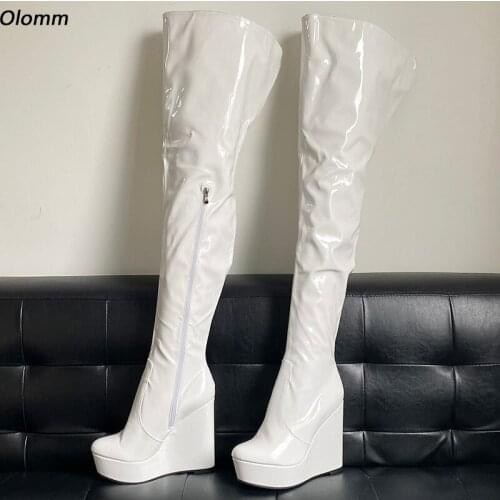 Olomm Handwork Women Shiny Platform Thigh Boots Side Zipper Wedges Heel Round Toe 10 Colors Party Shoes Women Plus US Size 5-20