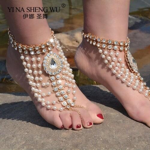 New Boho Vintage Belly Dance Anklet for Women Imitation Pearl Tassel Foot Barefoot Sandal Crystal Multilayer Anklet Beach Anklet