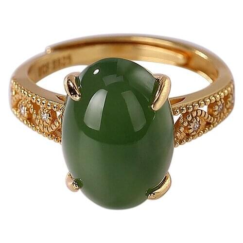 925 sterling silver gold-plated Hetian jade ring personalized simple hollow egg noodles Womens Open ring
