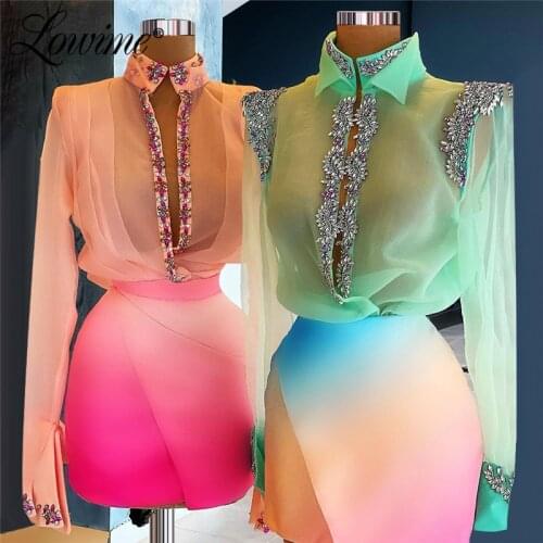 Lowime Couture Short Prom Dresses Long Sleeves Cocktail Party Gowns Handmade Crystals Celebrity Dress Abendkleider Evening Dress