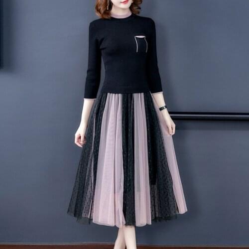 Mujer Vestidos Autumn O-Neck Long Sleeve Knit Stitching Mesh Black Dress Casual Fashion Waist A-line Long Sleeve Dresses Z673