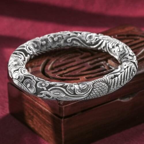 195g Women Heavy 999 Sterling Silver Phoenix Peony Bangle Cuff Bracelet Fine jewerlry A5168