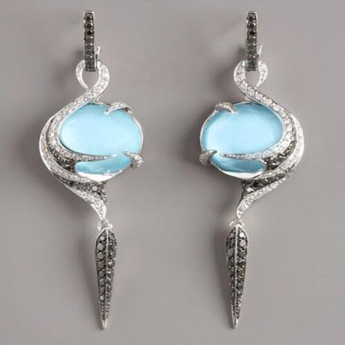 2020 Moonstone Brincos Angel Wings Long Earring Blue Stone Crystal Leaf Earrings for Women Vintage Elegant Wedding Jewelry Gifts