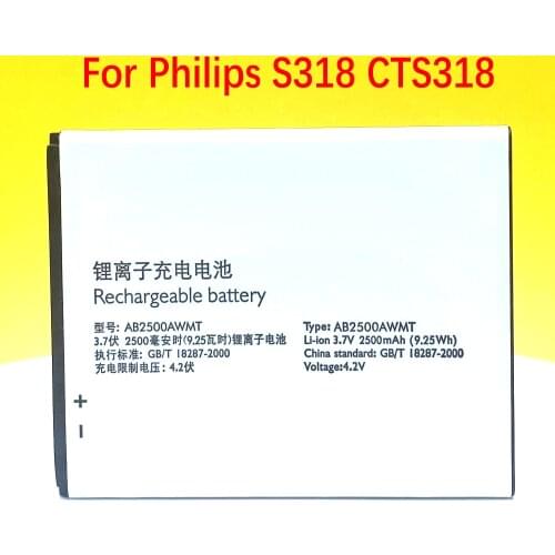 Wisecoco AB2500AWMT 2500mAh Fast delivery Battery For Philips S318 CTS318 Phone Battery Replace New Powerful + Tracking Number