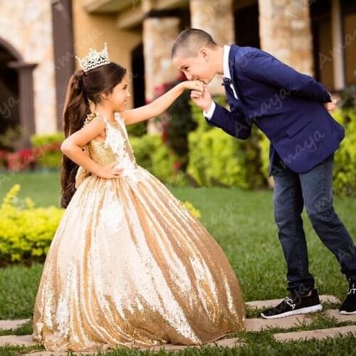 Amaya Gold Long Kids Pageant Communion Gown Vestidos Novia Little Girls Appliques Birthday Dresses Sequined Flower Girls Dresses