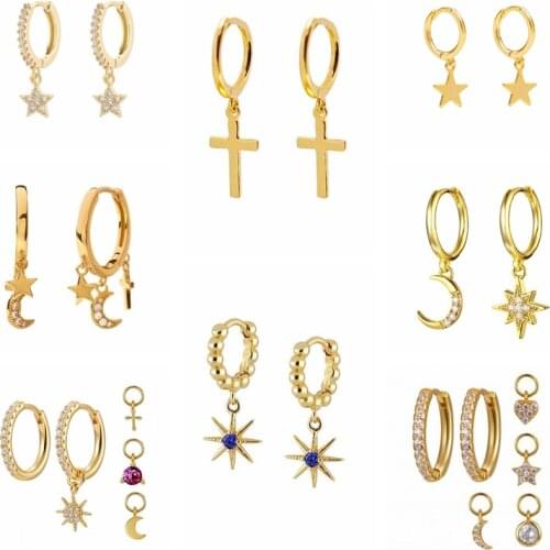 BOAKO 2021 Trend 925 Sterling Silver Earings Cross Star Moon Zircon Hoop Earrings For Women Pendientes Plata 925 Brincos Gifts