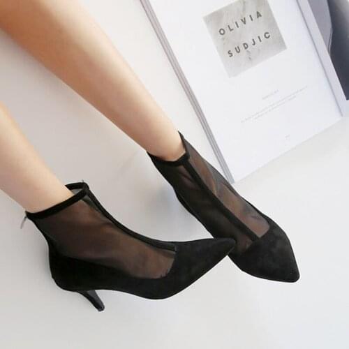 Pointed mesh short boots women Nice new hollow stiletto heel zipper summer and autumn breathable sandals Female single boots