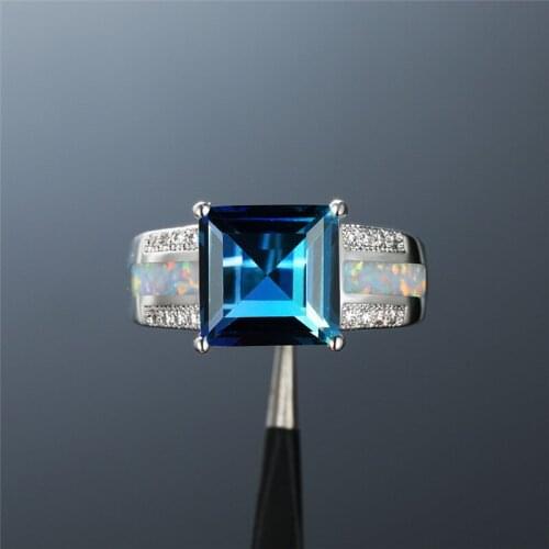Charm White Fire Opal Wedding Ring Female Cute Rainbow Crystal Square Stone Rings For Women Vintage Silver Color Engagement Ring