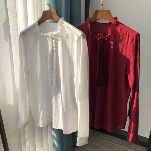 Women Shirt Organ Pleated Lace High Count Thin Cotton Slightly Wrinkled Texture Long-Sleeve Shirt