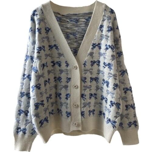 HSA 2021 Winter Clothing Women Sweet Bow Sweater Coat V-neck Single Breasted Pearl Elegant Sweater Top Girl Knitted Cardigan