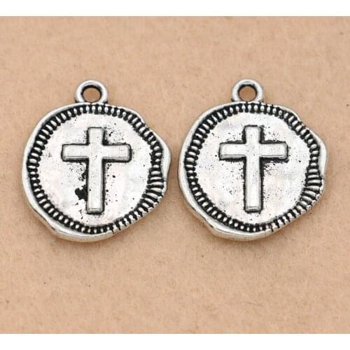 KJjewel Antique Silver Plated Round Cross Charm Pendants for Jewelry Making Earrings Accessories DIY Jewelry Findings 20mm 5pcs