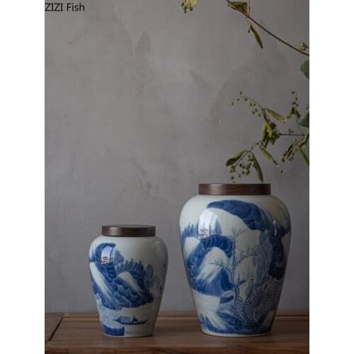Creative Hand Painted Ceramic Tea Caddy Wooden Cover Porcelain Desktop Cabinet Decoration Retro Coffee Bean Candy Storage Jar
