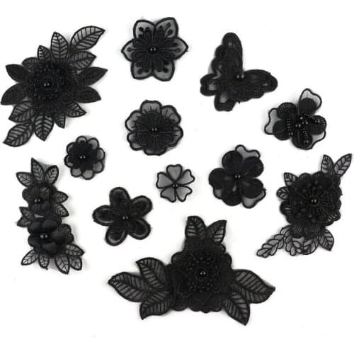 50pcs/lot Lace Embroidery Patch Black Beaded Flower Buds Butterfly Fashion Clothing Wedding Dress Headdress Decoration Diy