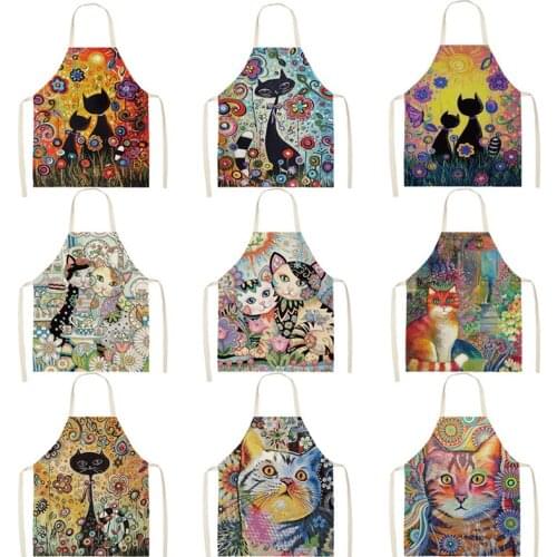 Flower Kitchen Cooking Apron Cute Cat Printed Home Sleeveless Cotton Linen Aprons for Men Women Baking Accessories