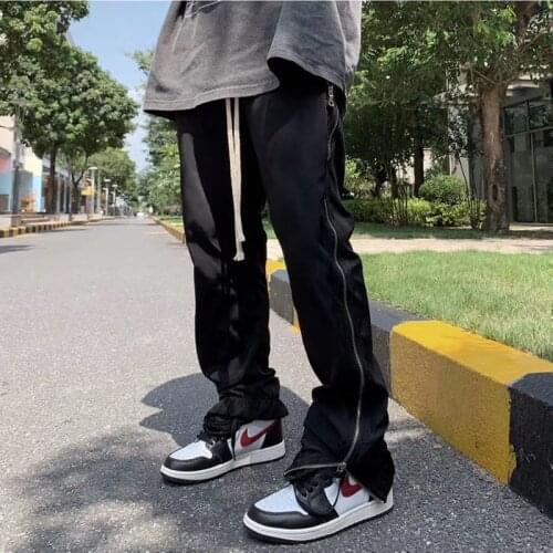 Full Zipper Drawstring Sweatpants Mens Oversized High Street Loose Casual Pants Pure Color Loose Sweatpants