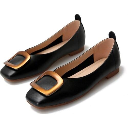 Autumn New Metal Buckle Square Toe Soft Bottom Plus Size Flat Bottom Casual Women Shoes