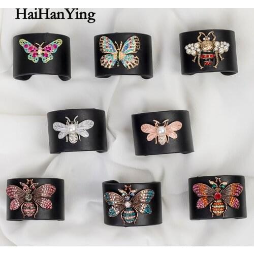 Butterfly Bee Insect Adjustable Bangle Exaggerated Black Leather Cuff Bracelet Rainbow Color Rhinestone Unisex Jewelry