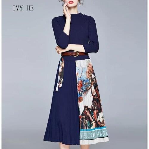 IVY HE High Quality Autumn Dress Woman Clothing Knit Patchwork Printed Pleats Midi Long Dress Traf ZAfu Party Vintage Dresses