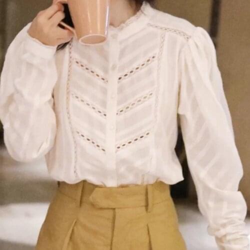 Women Shirt 2020 Autumn and Winter New Fairy Beauty Hollow Lace Stitching Small Stand-up Collar Cotton Shirt