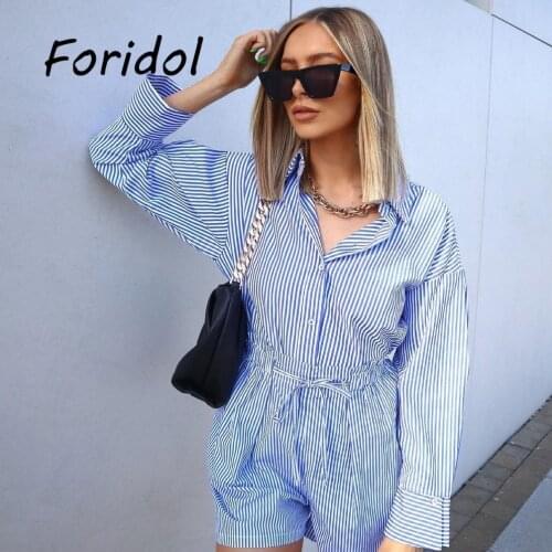 Womens Turn-down Collar Long Sleeve Blouse Shirts Suits 2021 Autumn Striped Blouse Shorts Sets Casual Sport Two Piece Sets
