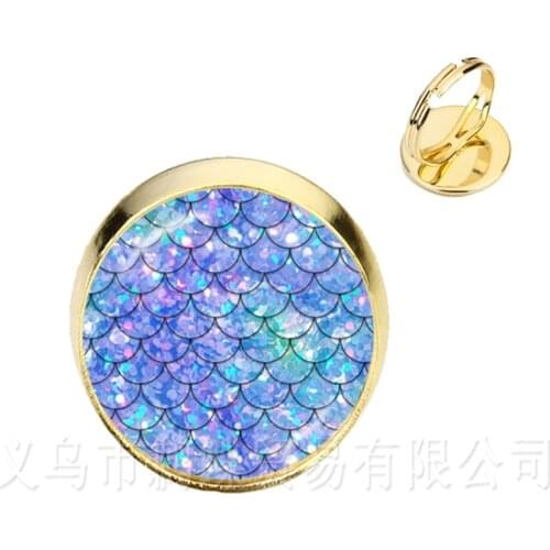 2018 New 16mm Glass Cabochon Maxi Silver/Golden Plated Rings Gift For Women Girls Kids Rainbow Scales Mermaid Gift