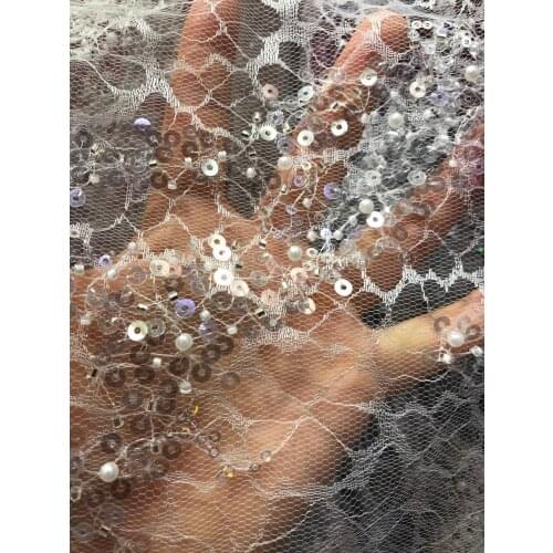 5yards/pc) High quality white African tulle lace beaded sequins French net lace fabric for graceful party dress 6 colors FXZ032