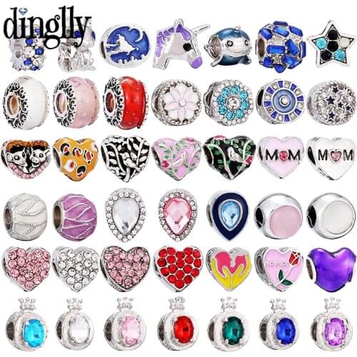 Dinglly Cartoon Animal Heart MOM Beaded Bird Tree Charm Fit Diy Bracelets Crystal Crown Letters O Star Beads Accessories Gift