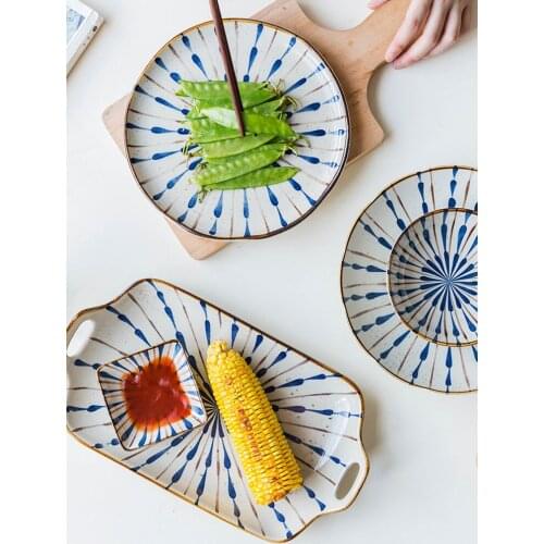 EECAMAIL Japanese-style Retro Household Underglaze Color Two-color Ceramic Bowl Household Rice Bowl Plate Seasoning Dish