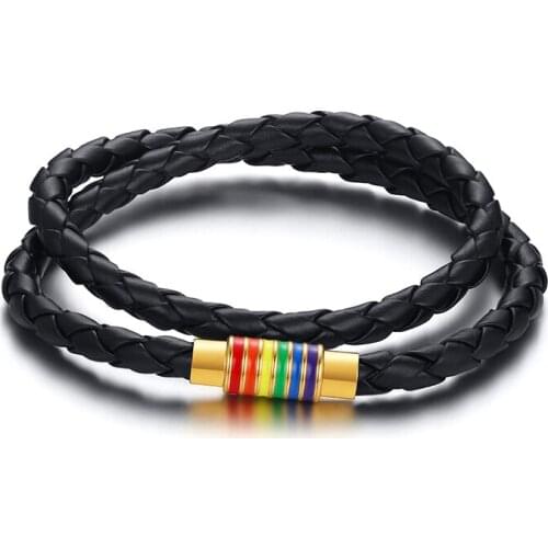 Fine Casual Jewelry Handmade Braided Bracelet Stainless Steel Clasp Rainbow Color LGBTQ Pride Leather Weave Plaited Men Jewelry