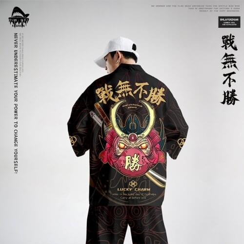 Men Japanese Cardigan Cosplay Shirt And Pant Blouse Yukata Male Black Print Streetwear Beach Traditional Kimono