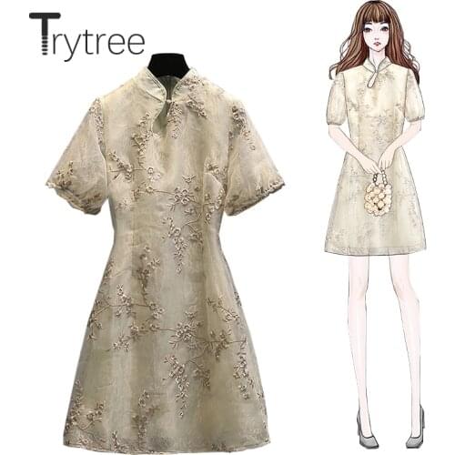 Trytree 2021 Summer Women Casual Dress Chinese Mandarin Collar Embroidery Floral Puff Sleeve A-line Vintage Cheongsam Mini Dress