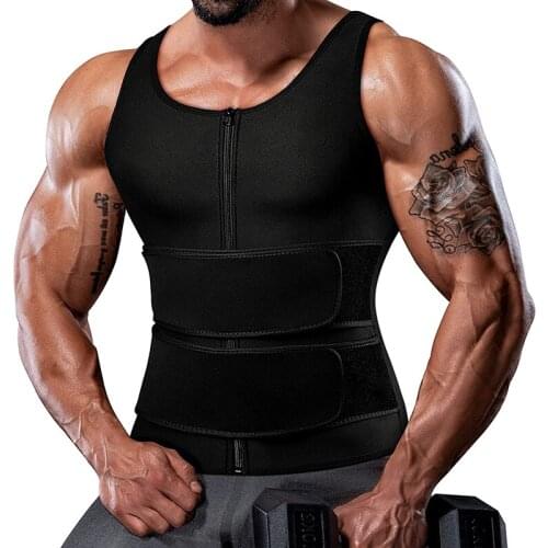 Men Neoprene Sauna Zipper Waist Trainer Sweat Vest Sauna Compression Suit Workout Tank Top Trimmer Body Shaper with Two Belt