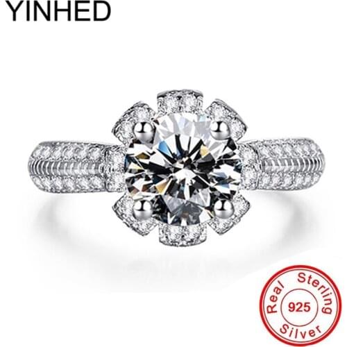 YINHED Original 925 Pure Silver Rings 1 Carat CZ Zircon Red Crystal Engagement Wedding Rings Women Fine Jewelry Gift ZR046