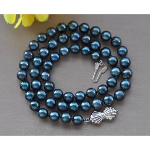 Z10728 A++ 17" 7mm Peacock-Black Round Freshwater Pearl Necklace 925ss