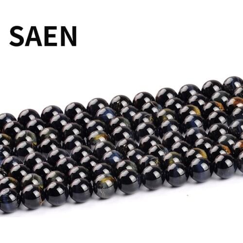 SAEN Natural Tigers eye stone Round Shape Blue grey Natural Stone Beads For Jewelry Making 4 6 8 10 12 mm fashion Wholesale