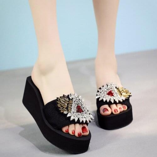 Korean Handmade Beaded Crystal SlippersS Female Student Slope With Cute Sweet Sandals Fashion Casual Outdoor Vacation Beach Shoe