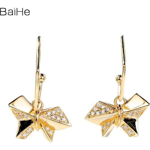 BAIHE Solid 14K White/Yellow/Rose Gold 0.06ct H/SI Natural Diamonds Pendientes Fine Jewelry Butterfly Stud Earrings Women Cерьги