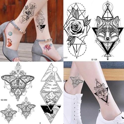 Black Flower Moth Temporary Tattoo Stickers Women Body Art Fox Waterproof Men Tatoos Timber Geometric Fake Tattoo Cosmetic Ankle