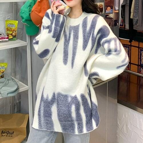 Unaiza Print Knitted Sweater Women Elegant Green Striped Oversized Pullovers Women Winter Loose Long Sweaters Streetwear Sueter