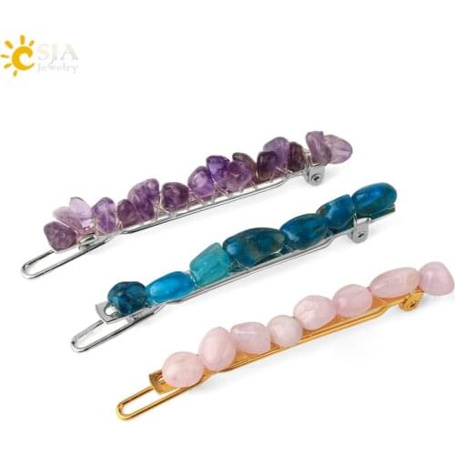 CSJA Gold Color Crystal Barrette Irregular Natural Stone Silver-color Wire Wrapped Hair Clip for Women Girl Fashion Jewelry G625