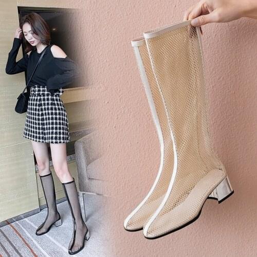 Mesh Womens Boots Fashion Round head zipper High Heels Women Mesh Breathable mid Boots Female Sandals