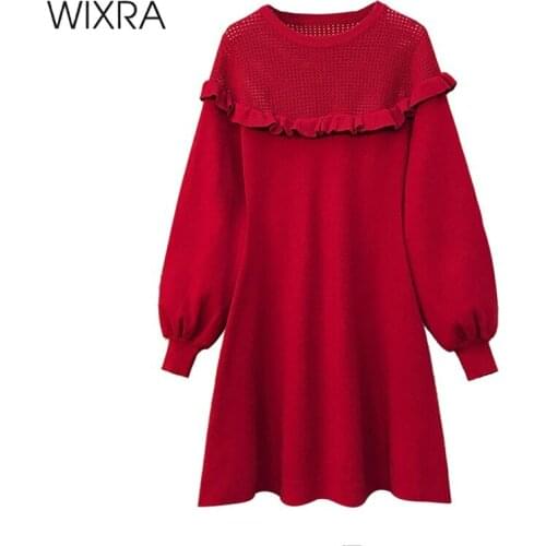 Wixra Loose Dresses Womens Autumn Spring Hollow Out High Street Solid Ruffles Short Knit Clothing Plus Size For Lady