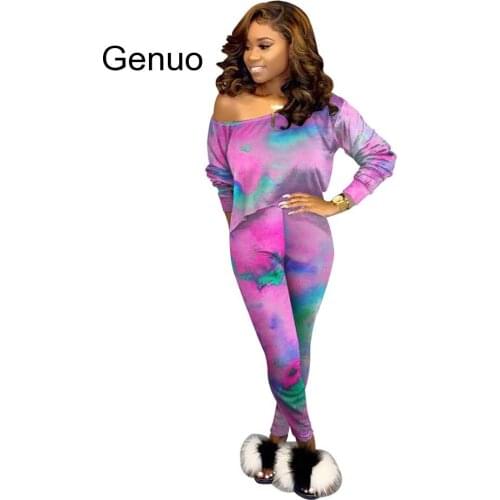 Casual Tie Dye Two Piece Set One Shoulder Crop Top + Pencil Pants Womens Tracksuit Fall Streetwear Fashion Clothing