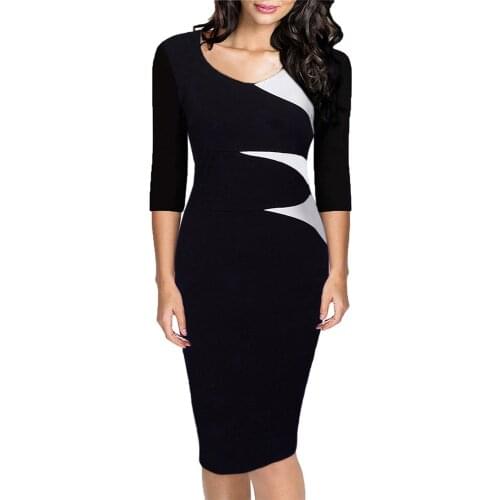European Style Women Autumn Fashion O Neck Elegant Office Work Bodycon Dress Vintage Three Quarter Sleeve Patchwork Party Dress