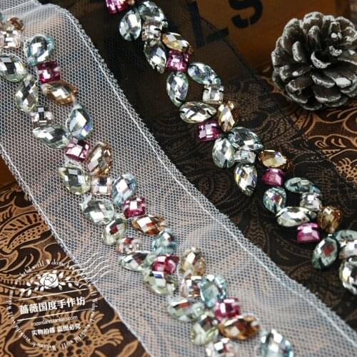 2Yard/Lot White black bottom diamond beaded lace trim garment sew accessories DIY Sweaters, skirts collar lace fabric decorative