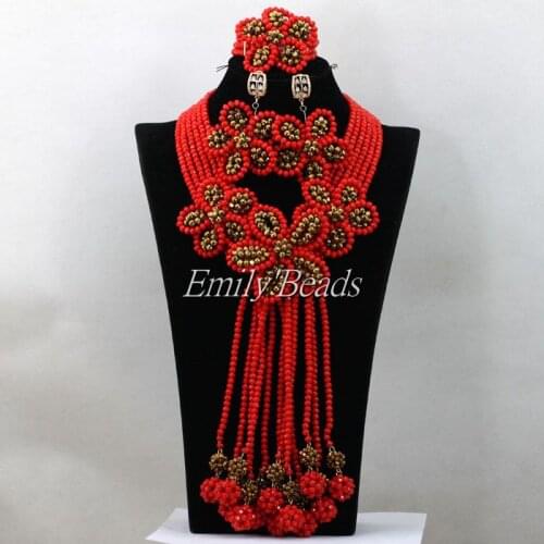 2016 Gorgeous Costume African Wedding Nigerian Beads Flower Jewelry Sets Crystal Long Necklace Set Red/Gold Free Shipping AIJ852