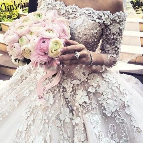 3D Floral Garden Castle Ball Gown Wedding Dresses Stunning Detail Muslim Royal Train Church Dubai Arabic Bridal Wedding Gown